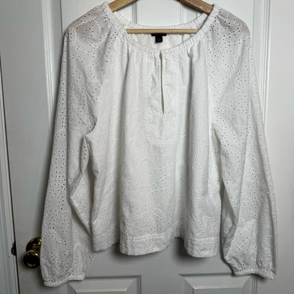 Ann Taylor Classic White Eyelet Embroidered Blouse Long Sleeve Size Large